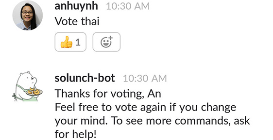 Solunch Bot was created for Solink's Slack team to handle weekly lunch polls.